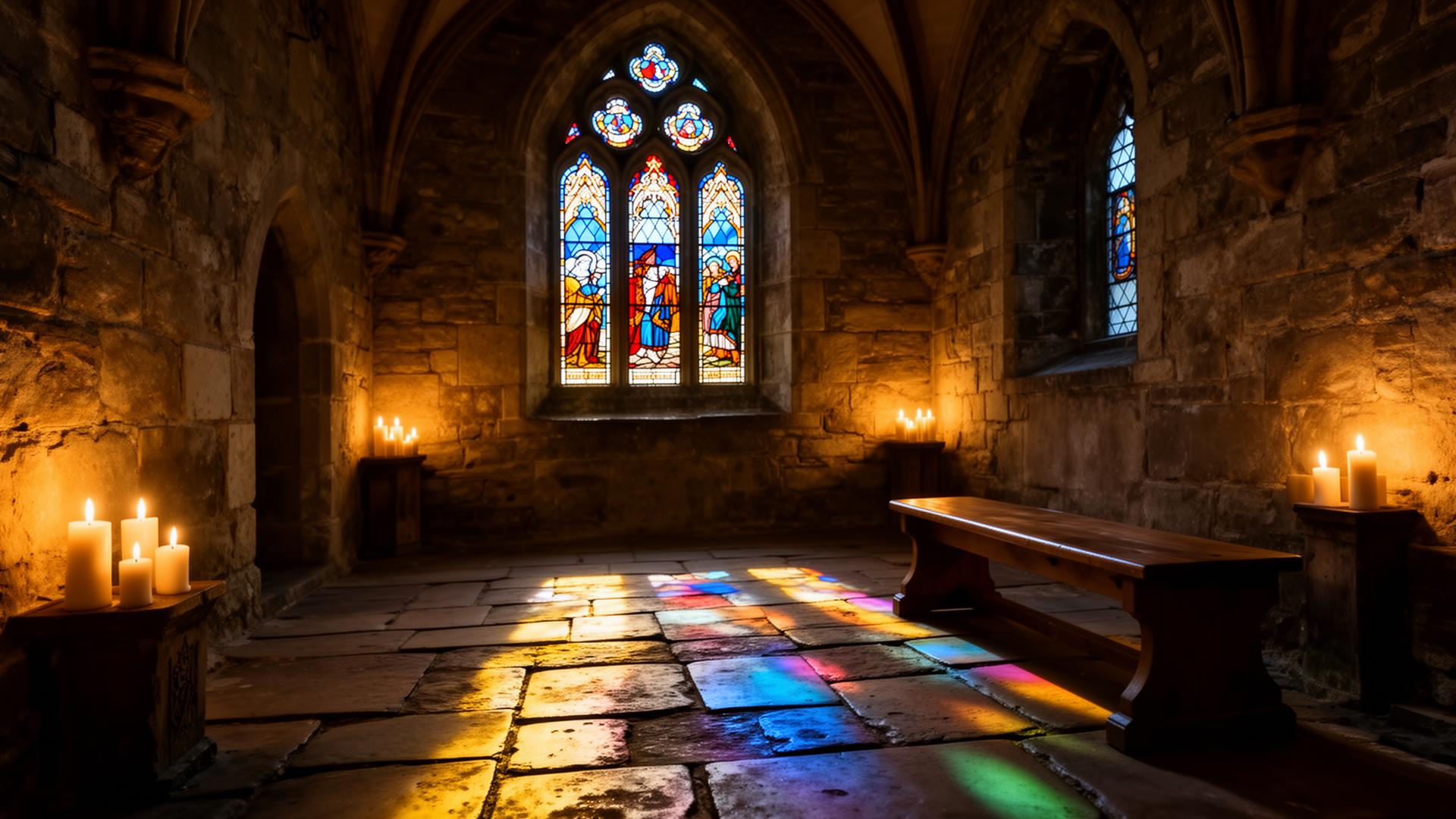 Candlelit medieval chapel interior with stained glass